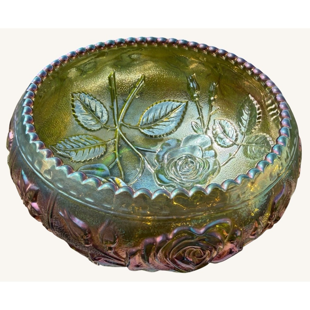 Vintage Imperial Glass Helios Green Carnival Glass Open Rose Bowl Iridescent - Picture 3 of 9